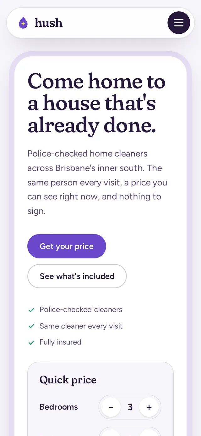 Hush Home Cleaning demo on a phone